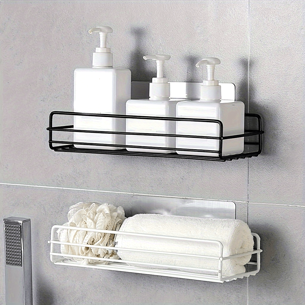 1pc Wall-Mounted Wrought Iron Bathroom Shelf, Rust-Proof Indoor Shower Caddy, with Non-Drilled Adhesive, for Shower Storage Organizer