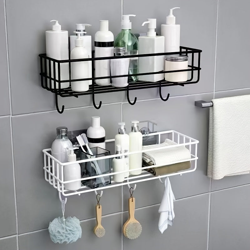 Wrought Iron Bathroom Shelf with Hooks, Wall Hanging Storage Rack, Painted Finish, No Drilling Required, Single Shelf Organizer for Shower Gel and Toiletries