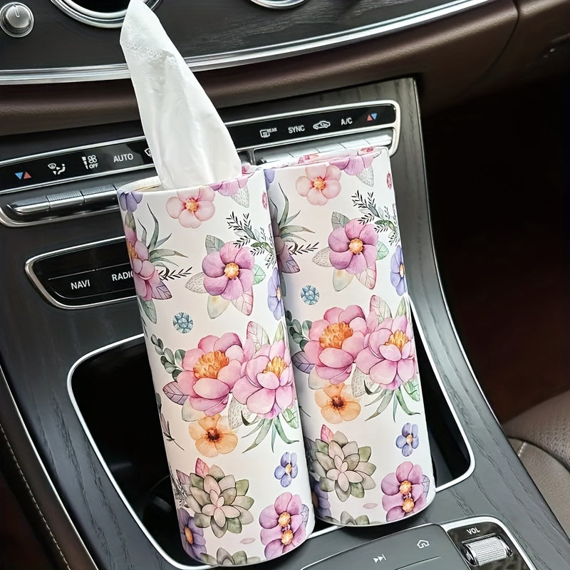 1pc White Flowers Car Tissues Box Holder - Travel Tissue Cylinder for Car Cup Holder and Home Dining Table