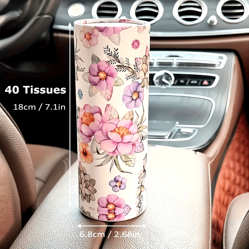 1pc White Flowers Car Tissues Box Holder - Travel Tissue Cylinder for Car Cup Holder and Home Dining Table