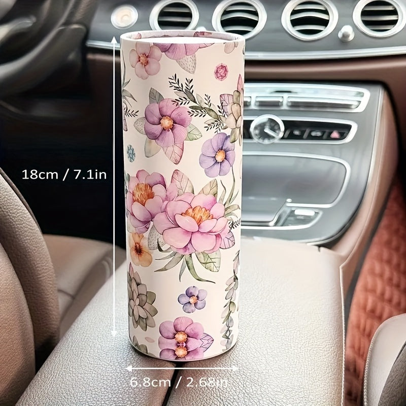 1pc White Flowers Car Tissues Box Holder - Travel Tissue Cylinder for Car Cup Holder and Home Dining Table