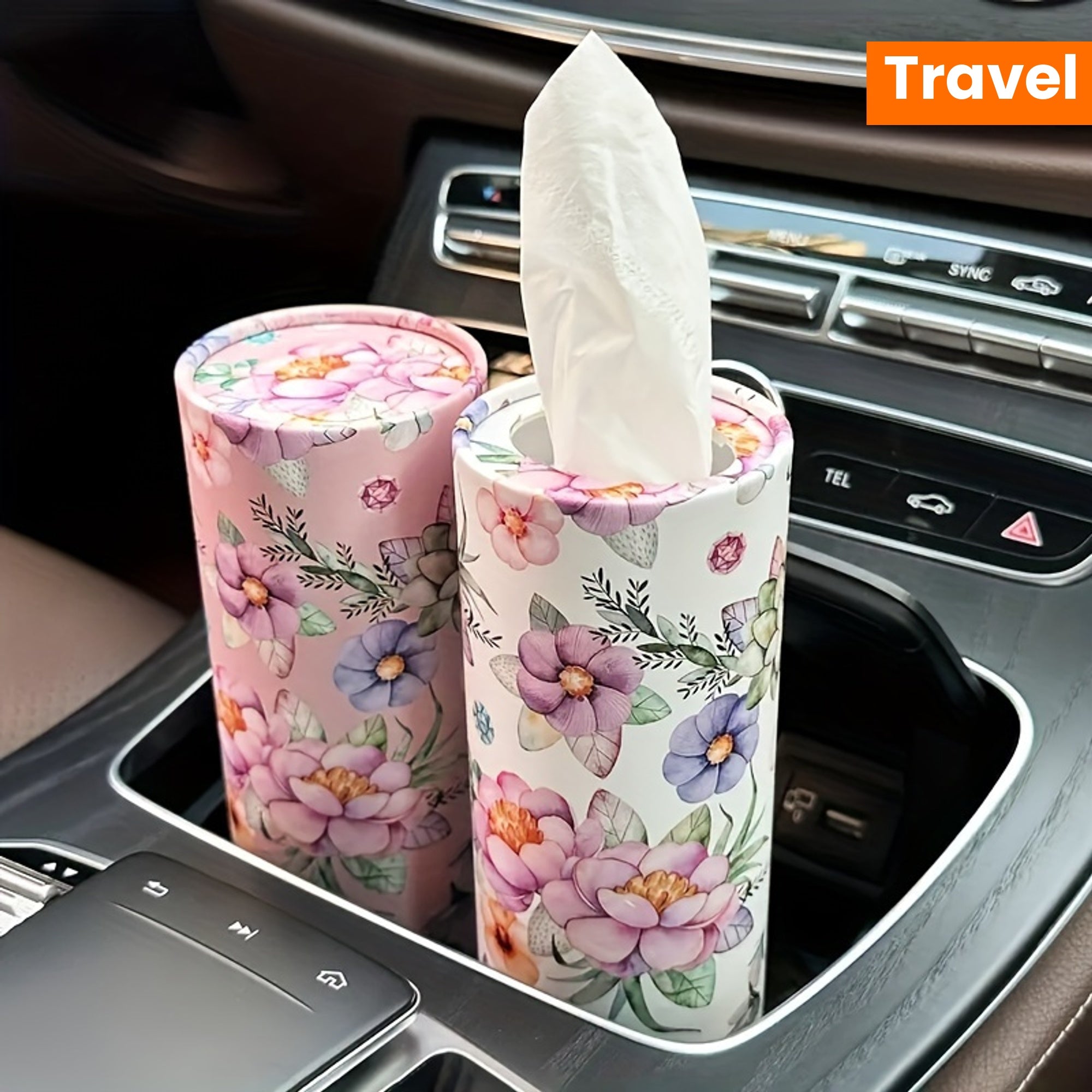1pc White Flowers Car Tissues Box Holder - Travel Tissue Cylinder for Car Cup Holder and Home Dining Table