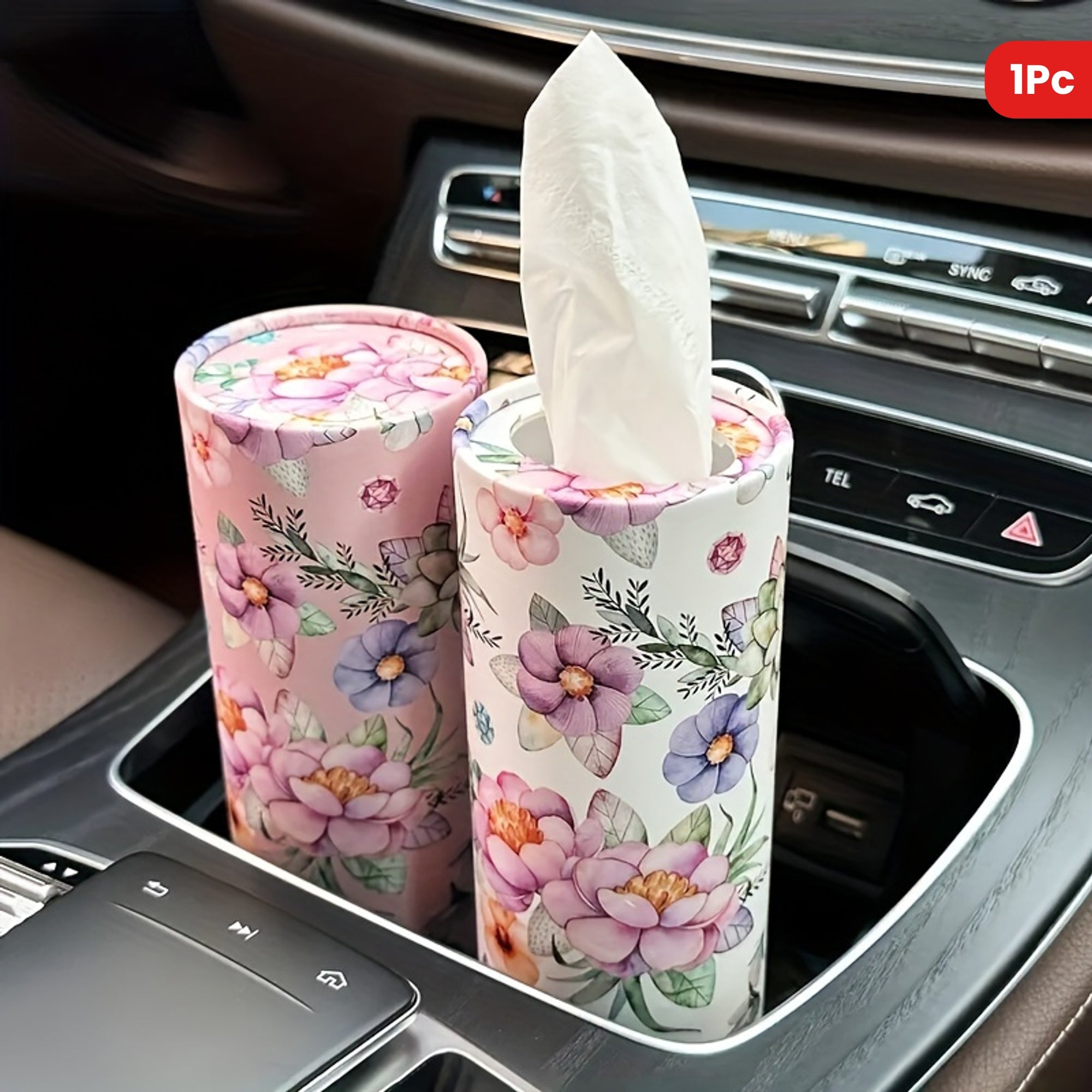 1pc White Flowers Car Tissues Box Holder - Travel Tissue Cylinder for Car Cup Holder and Home Dining Table