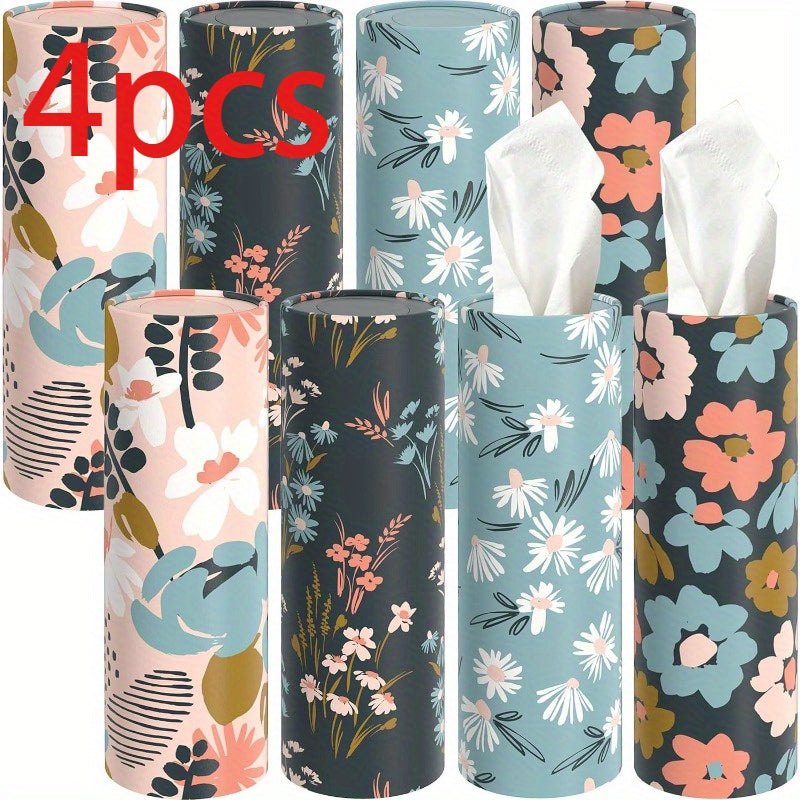 Floral Round Car Tissue Holder with Bulk Facial Tissues – Stylish Cylinder Tissue Box for Vehicle, Home, Office & Bathroom, Decorative Floral Patterns in Pink, Blue, Green & White, Office Tissue Dispenser | Floral Tissue Box | Sturdy Tissue Container