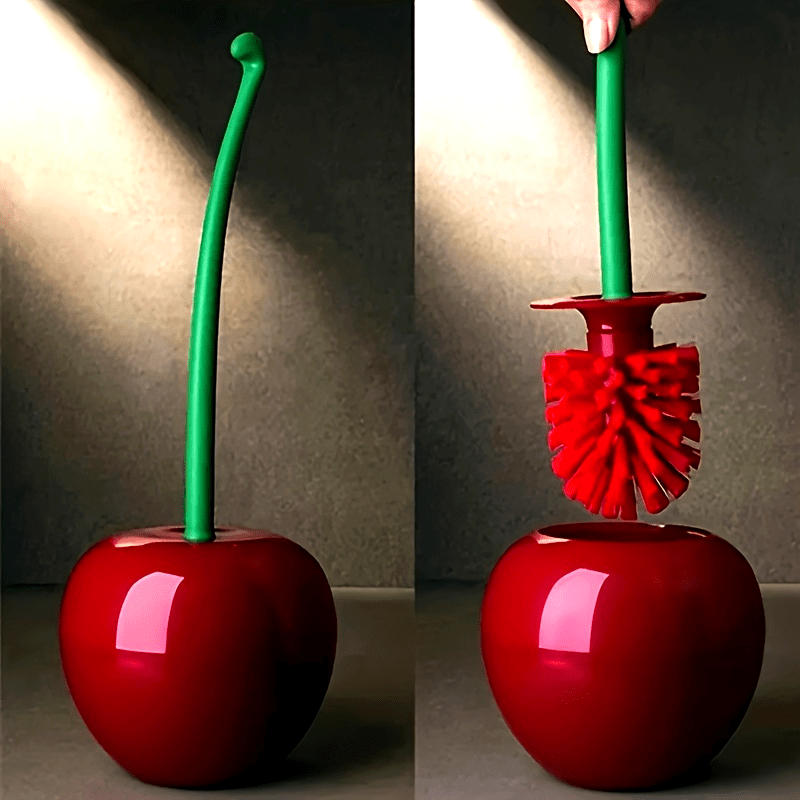 1pc Novelty Cherry-Shaped Toilet Brush with Holder, Creative Plastic Bathroom Accessory, Reusable Freestanding Toilet Brush with Multiple Components