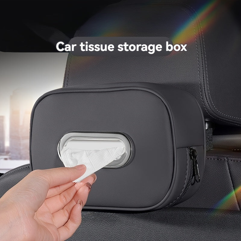 1pc PUPU PU Leather Car Tissue Box Holder, Multi-Functional Storage Organizer for Sun Visor, Seat Back, Armrest - Vehicle Interior Accessory