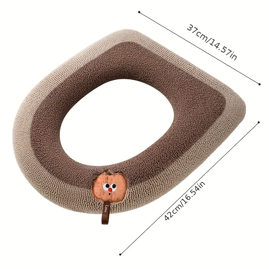 1pc Winter Warm Knitted Toilet Seat Cushion, Thickened Plush Fabric, All-Season, Full Coverage, Machine Washable with Convenient Handle for Home Comfort