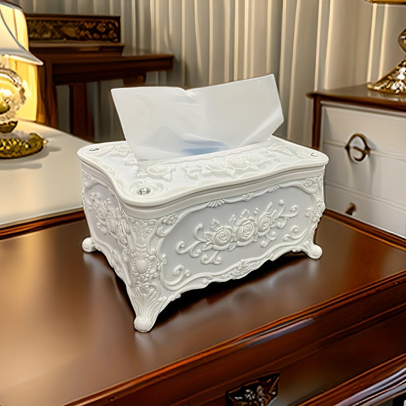 Elegant White Rose Pattern Tissue Box Holder - Square Plastic Napkin Dispenser for Bathroom, Living Room, Vanity & Hotel Use
