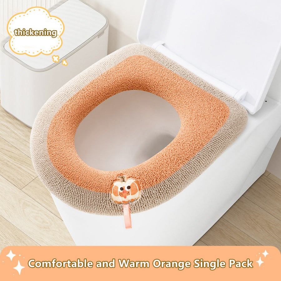 1pc Winter Warm Knitted Toilet Seat Cushion, Thickened Plush Fabric, All-Season, Full Coverage, Machine Washable with Convenient Handle for Home Comfort