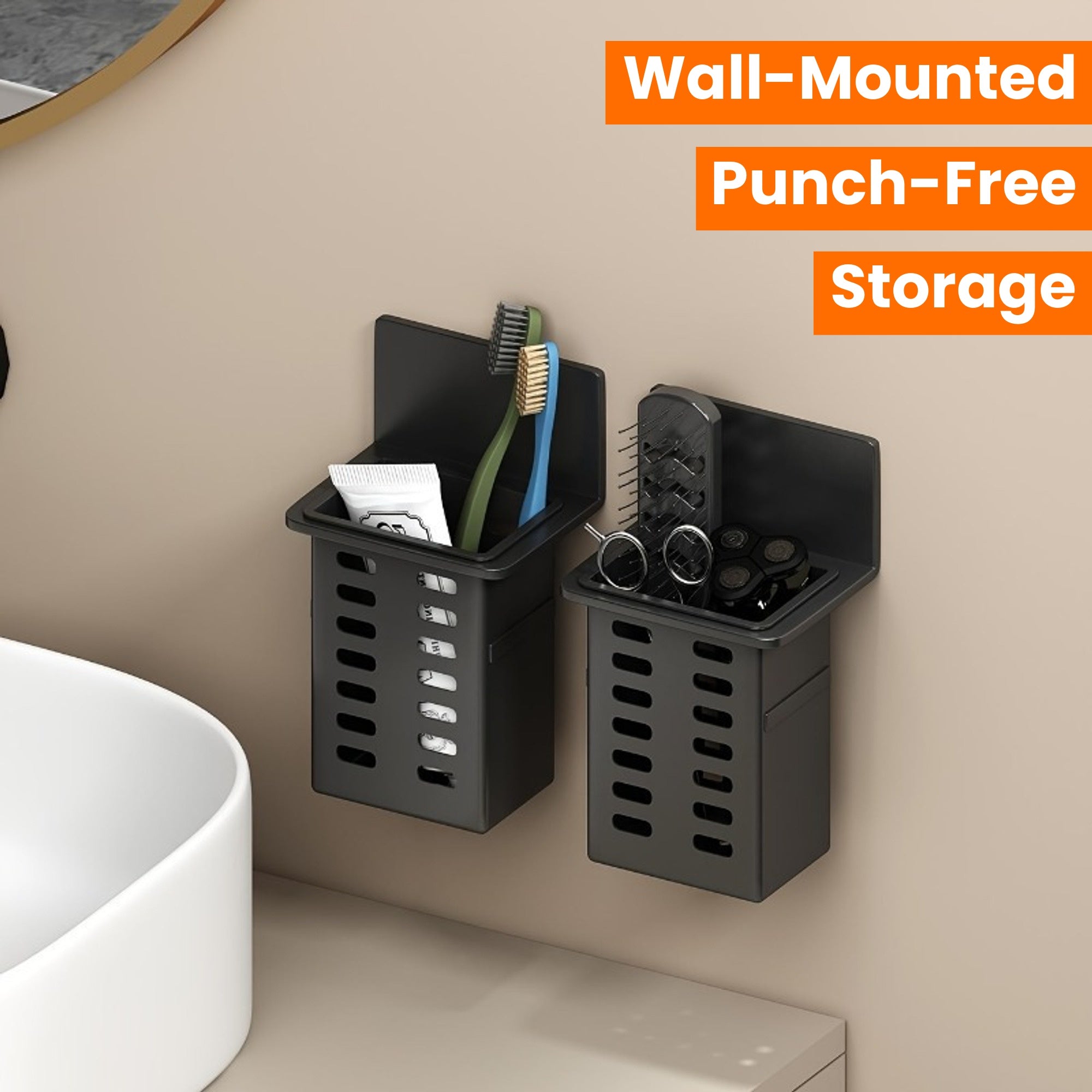 1pc\u002F2pcs Black Resin Punch-Free Wall-Mounted Storage Cubby Shelf, Plastic Drain Organizer for Kitchen & Bathroom Accessories, Home Organization Hanging Rack