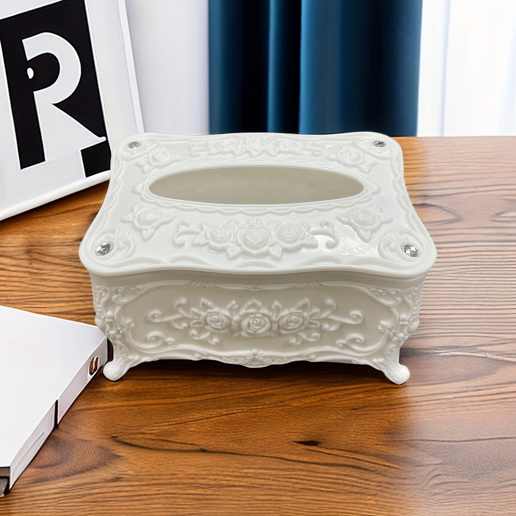 Elegant White Rose Pattern Tissue Box Holder - Square Plastic Napkin Dispenser for Bathroom, Living Room, Vanity & Hotel Use
