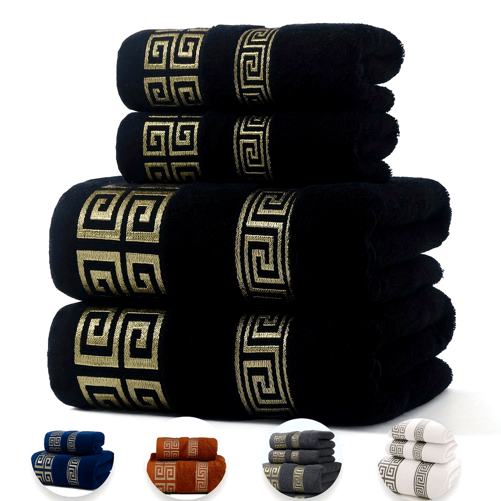 Luxurious Pure Cotton Geometric Pattern Towel - Soft, Absorbent, Quick-Dry for Bath or Face, 13.39x29.53inch or 27.56x55.12inch, Black with Golden Thread, Modern Design, Hand Wash Only, Bath Towels