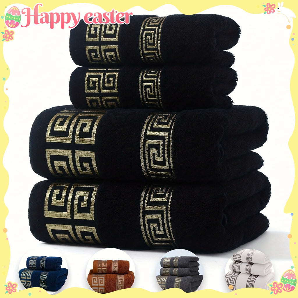 Luxurious Pure Cotton Geometric Pattern Towel - Soft, Absorbent, Quick-Dry for Bath or Face, 13.39x29.53inch or 27.56x55.12inch, Black with Golden Thread, Modern Design, Hand Wash Only, Bath Towels