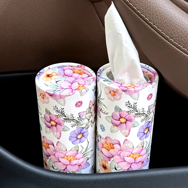 1pc White Flowers Car Tissues Box Holder - Travel Tissue Cylinder for Car Cup Holder and Home Dining Table