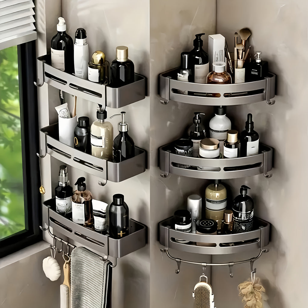 2pcs No-Drill Adhesive Bathroom Corner Shower Caddy, ABS Wall-Mounted Shampoo Holder, Holds 6 Bottles of Conditioner, Shower Accessories, Best for Christmas, Perfect for Thanksgiving