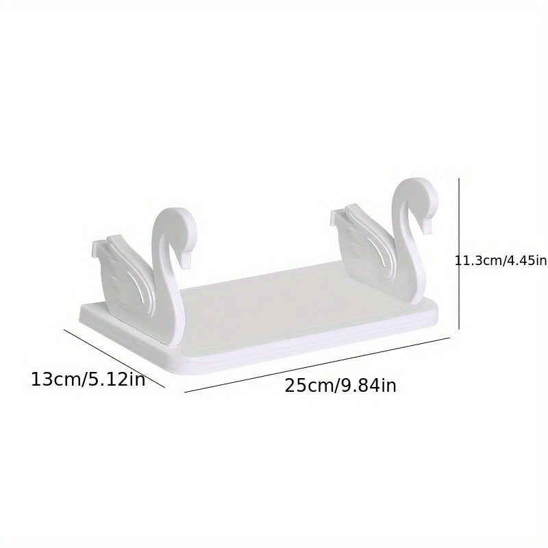 1pc Swan-Shaped Wall-Mounted Storage Rack, Plastic Rectangular Hanging Shelf with No-Drill Adhesive for Bathroom Vanity and Kitchen Organization, Toiletry Holder | Rectangular Shelf | Plastic Construction, Bathroom Organizers And Storage