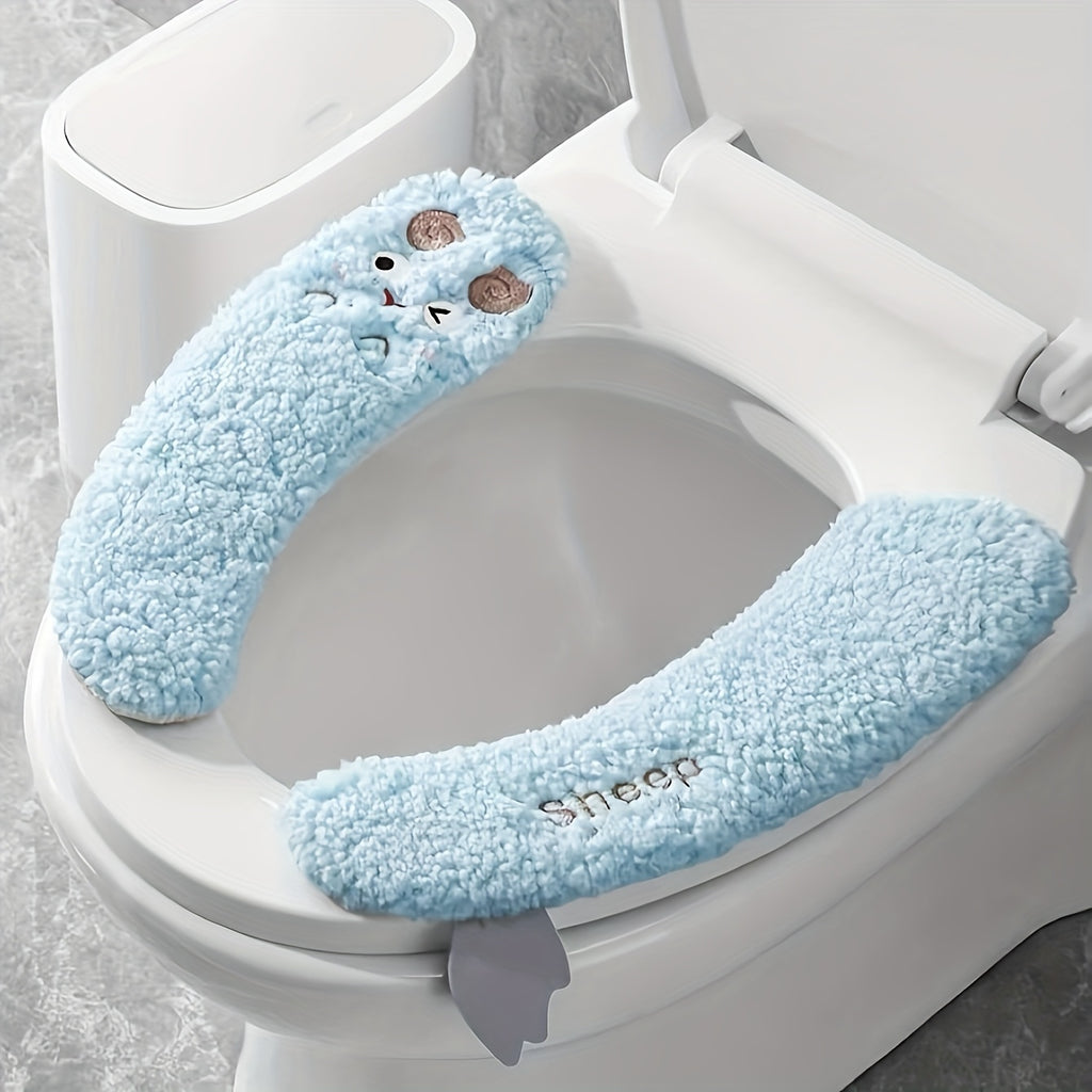 1 Pair of Plush Sheep-Shaped Toilet Seat Covers - Thick, Warm, Aseptic, All-Season Comfort, Soft Polyester, Hand-Washable with Adhesive Backing - Cute Bathroom Accessory