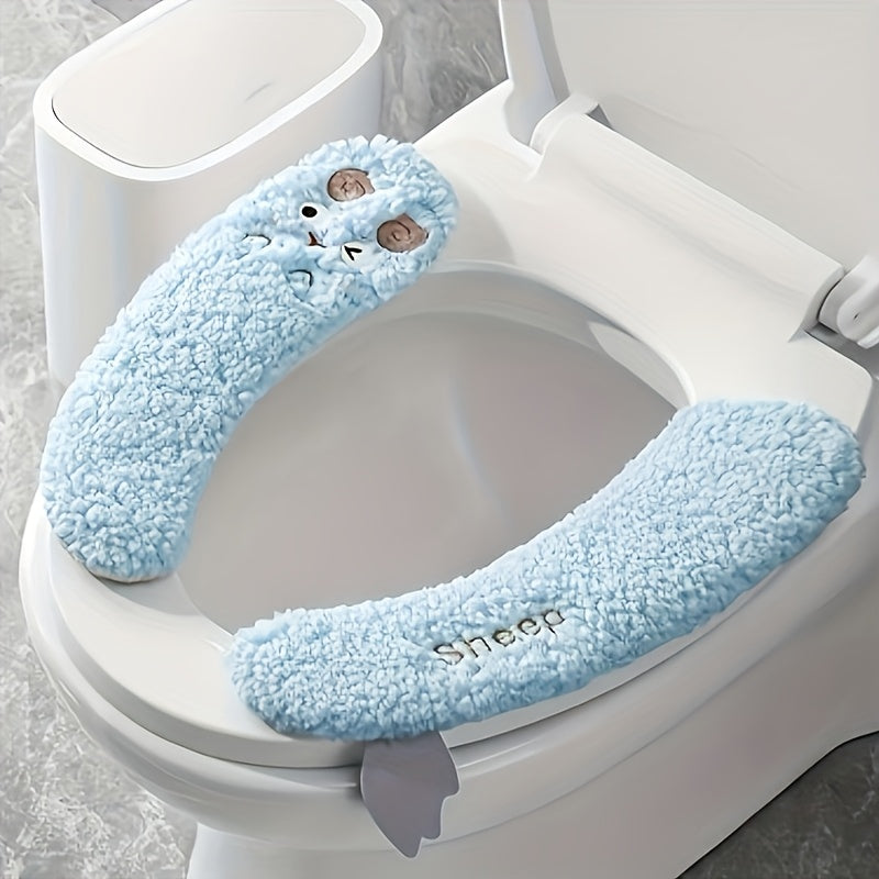 1 Pair of Plush Sheep-Shaped Toilet Seat Covers - Thick, Warm, Aseptic, All-Season Comfort, Soft Polyester, Hand-Washable with Adhesive Backing - Cute Bathroom Accessory
