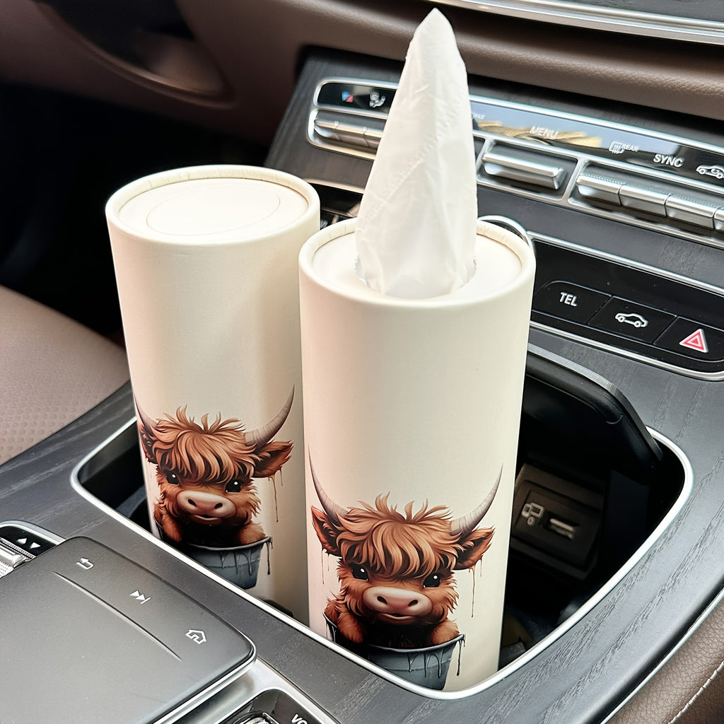 1pc Highland Cow Car Tissues Box with Facial Tissues - Travel Tissue Cylinder Tubes for Car Cup Holder, Round Tissue Case for Home Dining Table