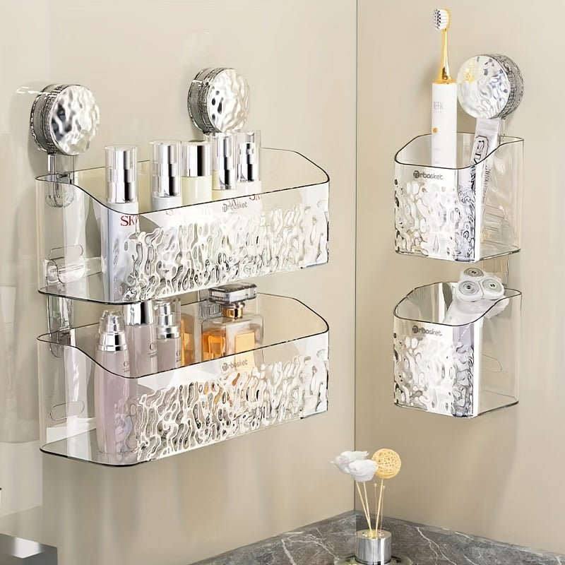 Wall Mount Shower Caddy Organizer with Adjustable Shelves, Polished Finish, Rectangle PET Bathroom Storage Rack for Cosmetics and Toiletries with Suction Cups, Glacier Pattern Design - 1pc