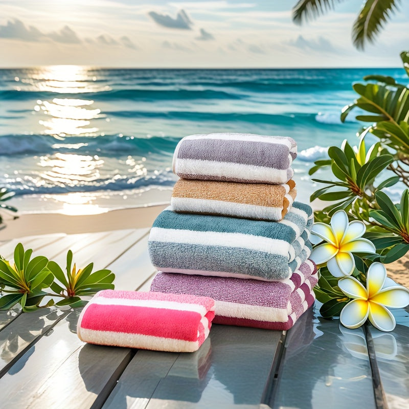 Deluxe Striped Towel Set Featuring a Short Hand Towel And a Long Bath Towel - Highly Absorbent, Fast-Drying, And Soft, Perfect for Family Use, Hotels, RV Trips, Outdoor Activities, Spas, And Salons - Comes with One Bath Towel And One Hand Towel.