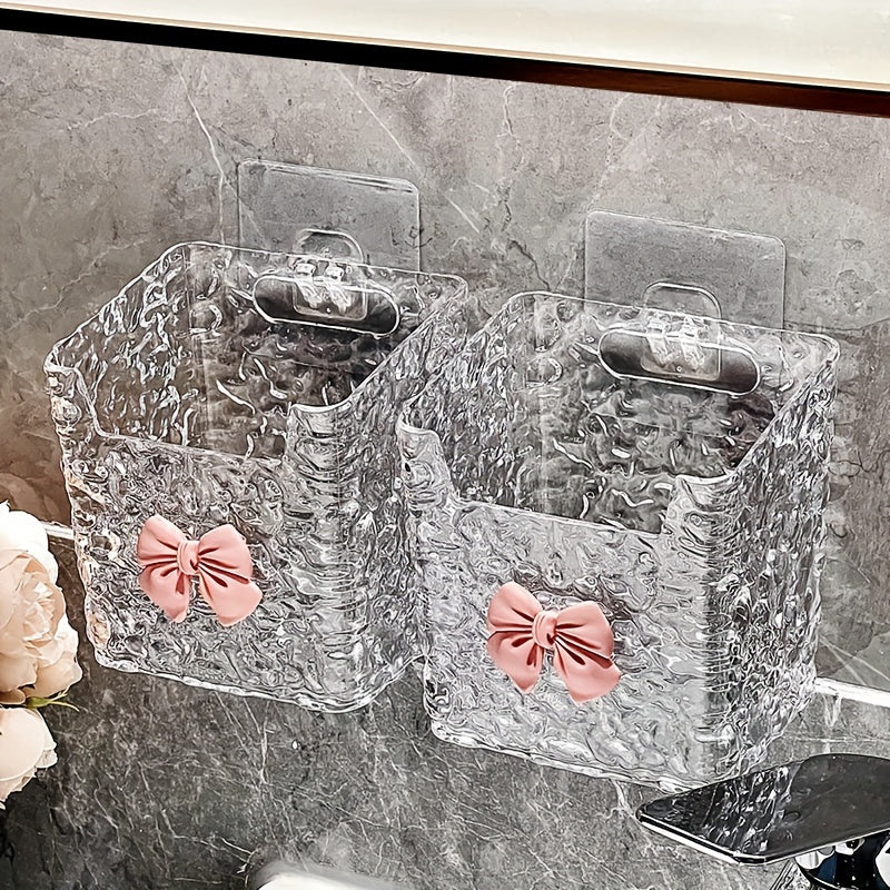 Transparent Glacier Texture Wall-mounted Storage Box with Pink Bow Design - Perfect for Toothpaste, Toothbrushes and Cosmetics - Stylish Bathroom Accessories, Bathroom Storage and Storage, AYQW, Shelf, Shelves