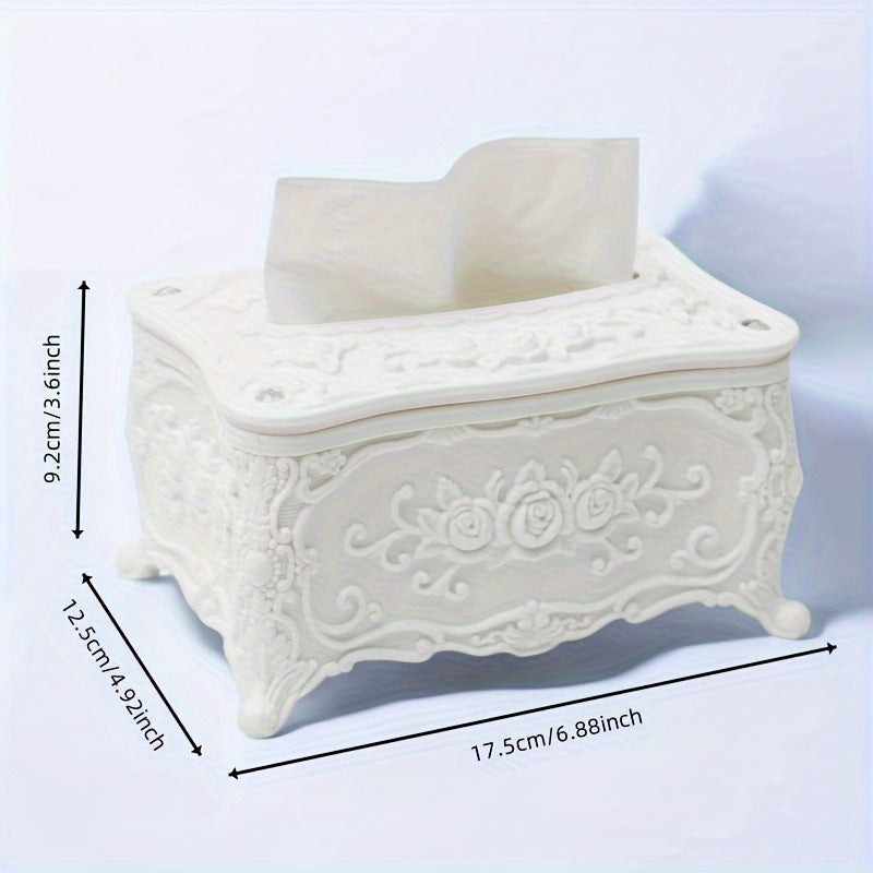 Elegant White Rose Pattern Tissue Box Holder - Square Plastic Napkin Dispenser for Bathroom, Living Room, Vanity & Hotel Use
