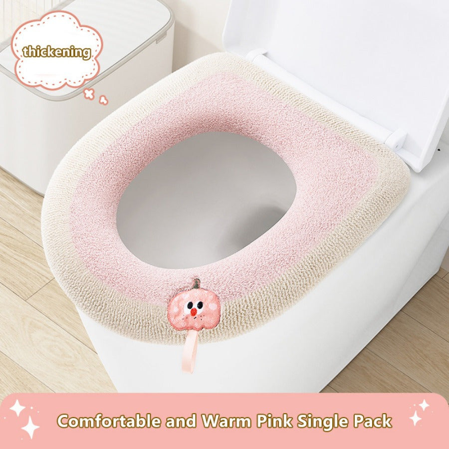 1pc Winter Warm Knitted Toilet Seat Cushion, Thickened Plush Fabric, All-Season, Full Coverage, Machine Washable with Convenient Handle for Home Comfort