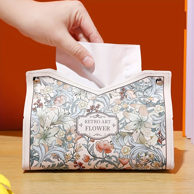 Vintage Floral Art PVC Tissue Box Cover - Elegant Retro Painted Napkin Holder for Living Room, Car, and Desktop Storage, Positioning Printing Design, Lightweight Handbag Organizer