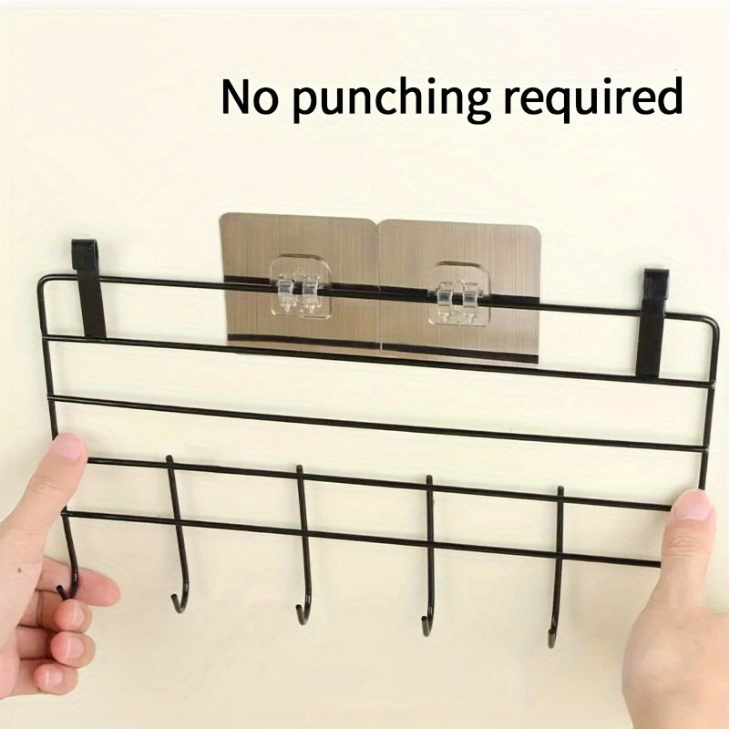 No-Drill Double-Row Bathroom Shelf with 4 Seamless Hooks & Adhesive Clips – Easy Install, Black Plastic Design for Organized Storage of Toiletries and Accessories, Utility Hook, Utility Hooks