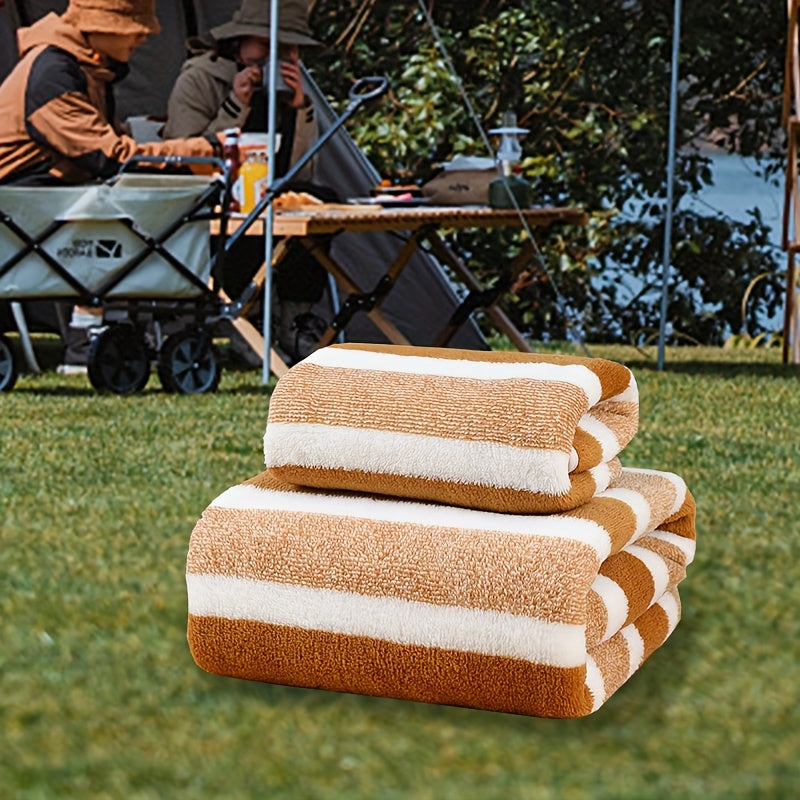 Deluxe Striped Towel Set Featuring a Short Hand Towel And a Long Bath Towel - Highly Absorbent, Fast-Drying, And Soft, Perfect for Family Use, Hotels, RV Trips, Outdoor Activities, Spas, And Salons - Comes with One Bath Towel And One Hand Towel.