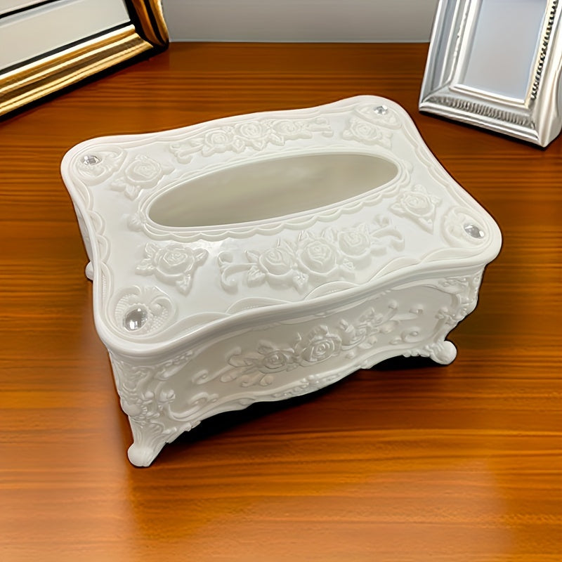 Elegant White Rose Pattern Tissue Box Holder - Square Plastic Napkin Dispenser for Bathroom, Living Room, Vanity & Hotel Use