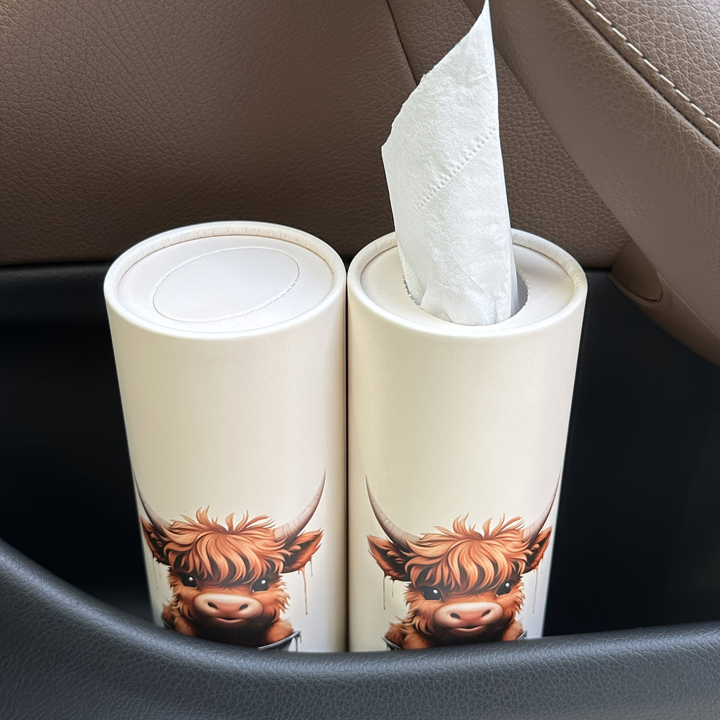 1pc Highland Cow Car Tissues Box with Facial Tissues - Travel Tissue Cylinder Tubes for Car Cup Holder, Round Tissue Case for Home Dining Table