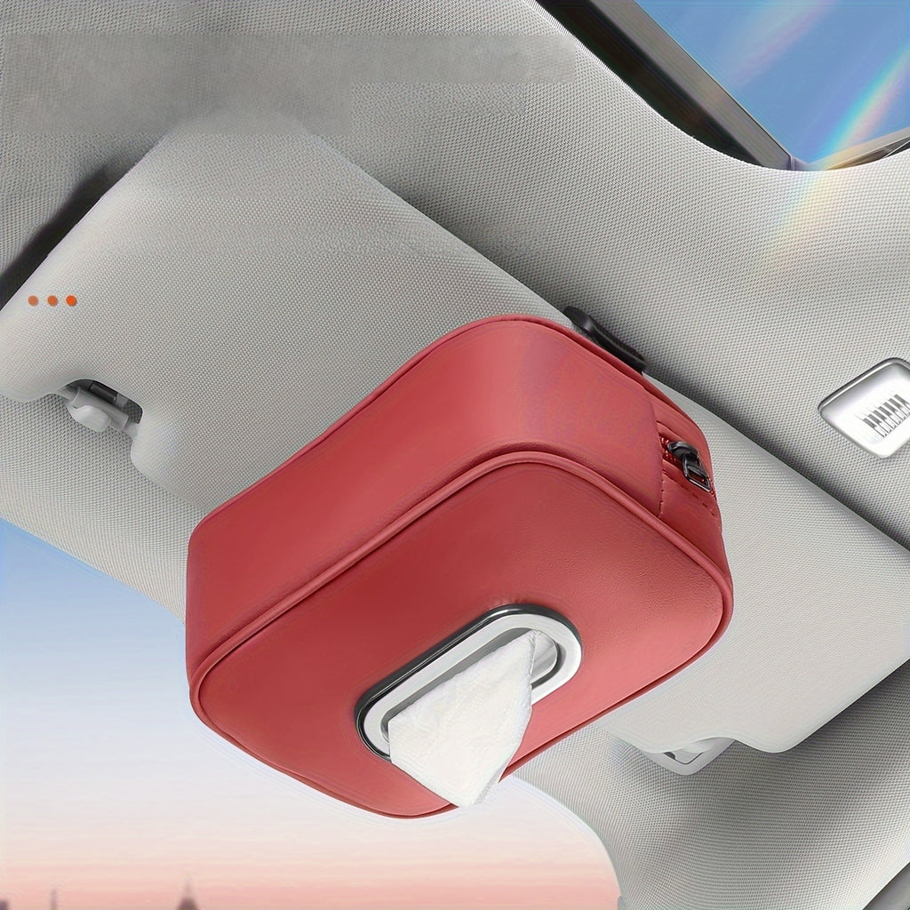 1pc PUPU PU Leather Car Tissue Box Holder, Multi-Functional Storage Organizer for Sun Visor, Seat Back, Armrest - Vehicle Interior Accessory