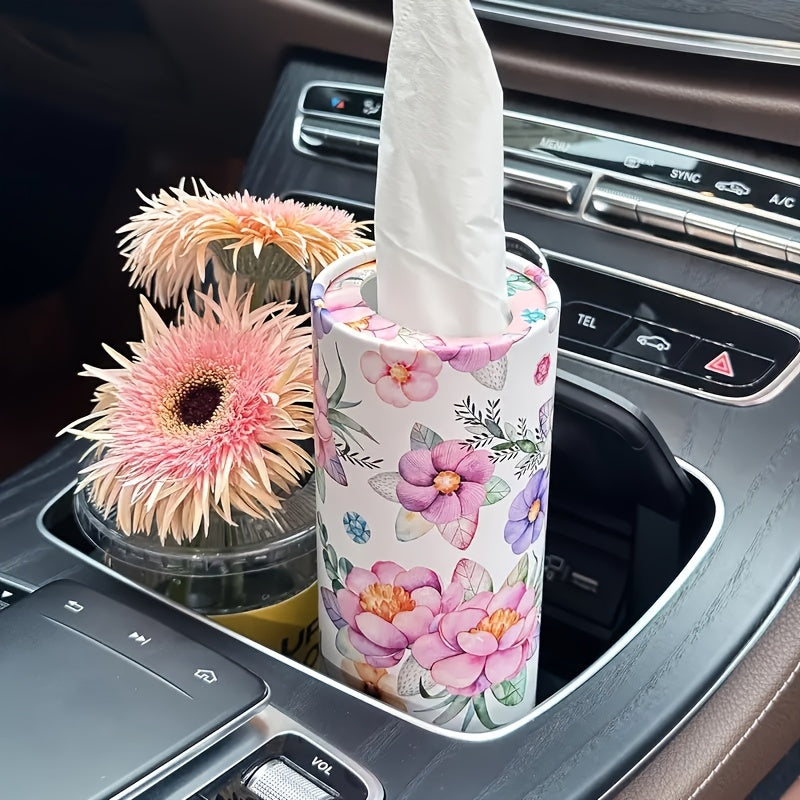 1pc White Flowers Car Tissues Box Holder - Travel Tissue Cylinder for Car Cup Holder and Home Dining Table