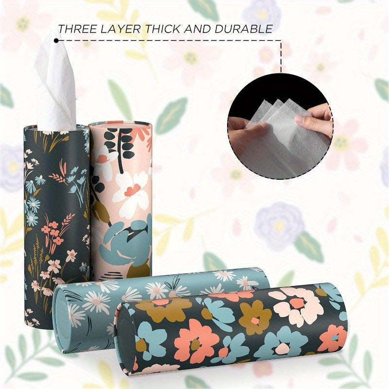 Floral Round Car Tissue Holder with Bulk Facial Tissues – Stylish Cylinder Tissue Box for Vehicle, Home, Office & Bathroom, Decorative Floral Patterns in Pink, Blue, Green & White, Office Tissue Dispenser | Floral Tissue Box | Sturdy Tissue Container