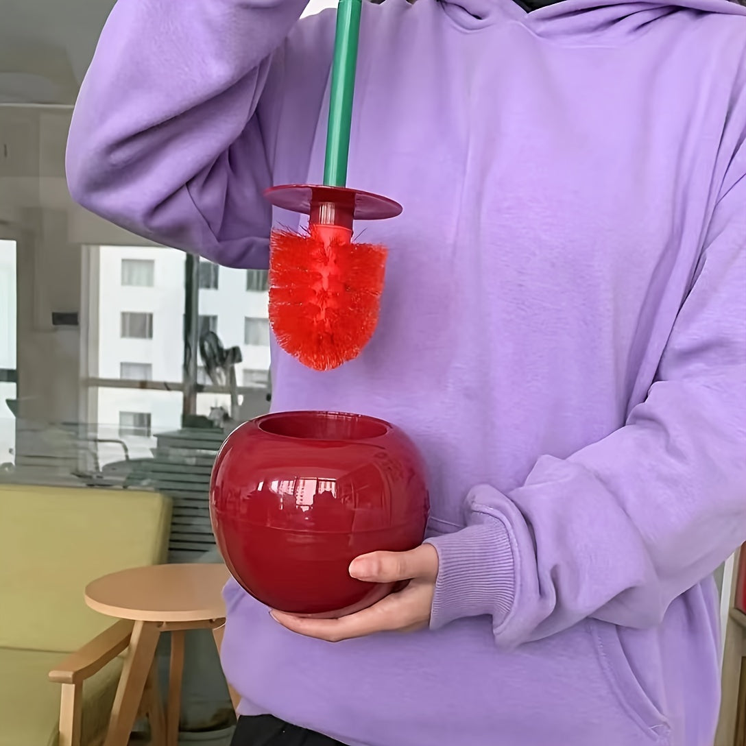 1pc Novelty Cherry-Shaped Toilet Brush with Holder, Creative Plastic Bathroom Accessory, Reusable Freestanding Toilet Brush with Multiple Components