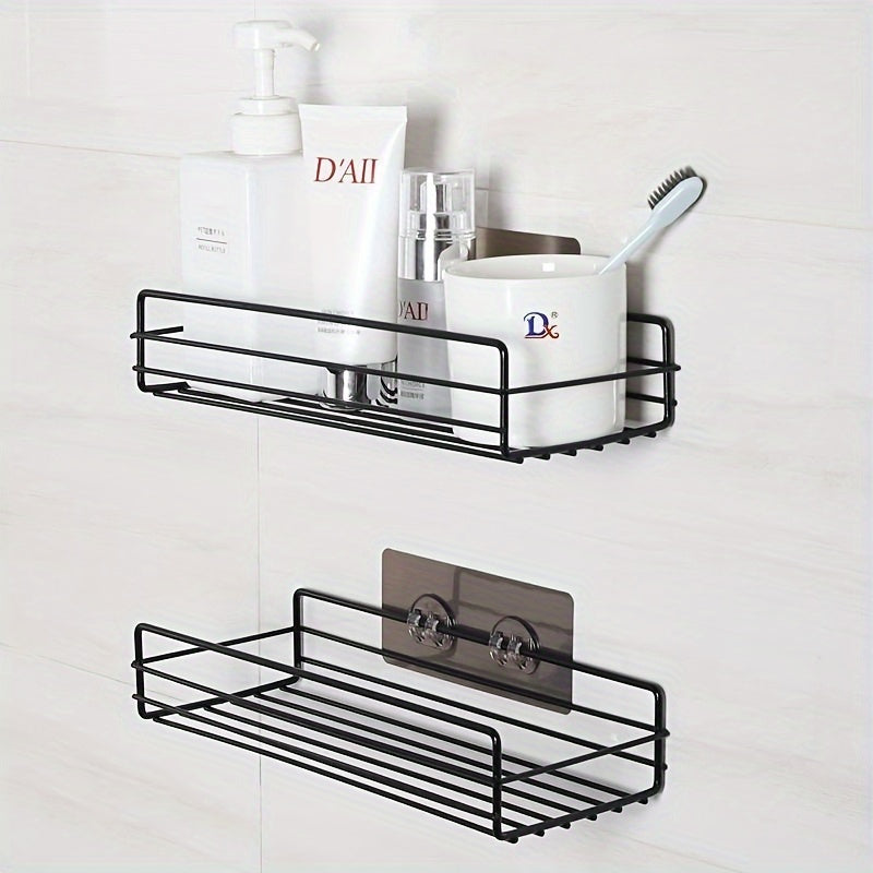 No-Drill Double-Row Bathroom Shelf with 4 Seamless Hooks & Adhesive Clips – Easy Install, Black Plastic Design for Organized Storage of Toiletries and Accessories, Utility Hook, Utility Hooks