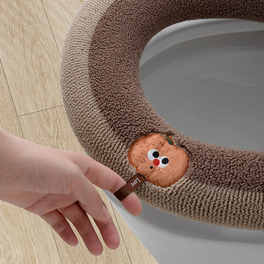 1pc Winter Warm Knitted Toilet Seat Cushion, Thickened Plush Fabric, All-Season, Full Coverage, Machine Washable with Convenient Handle for Home Comfort