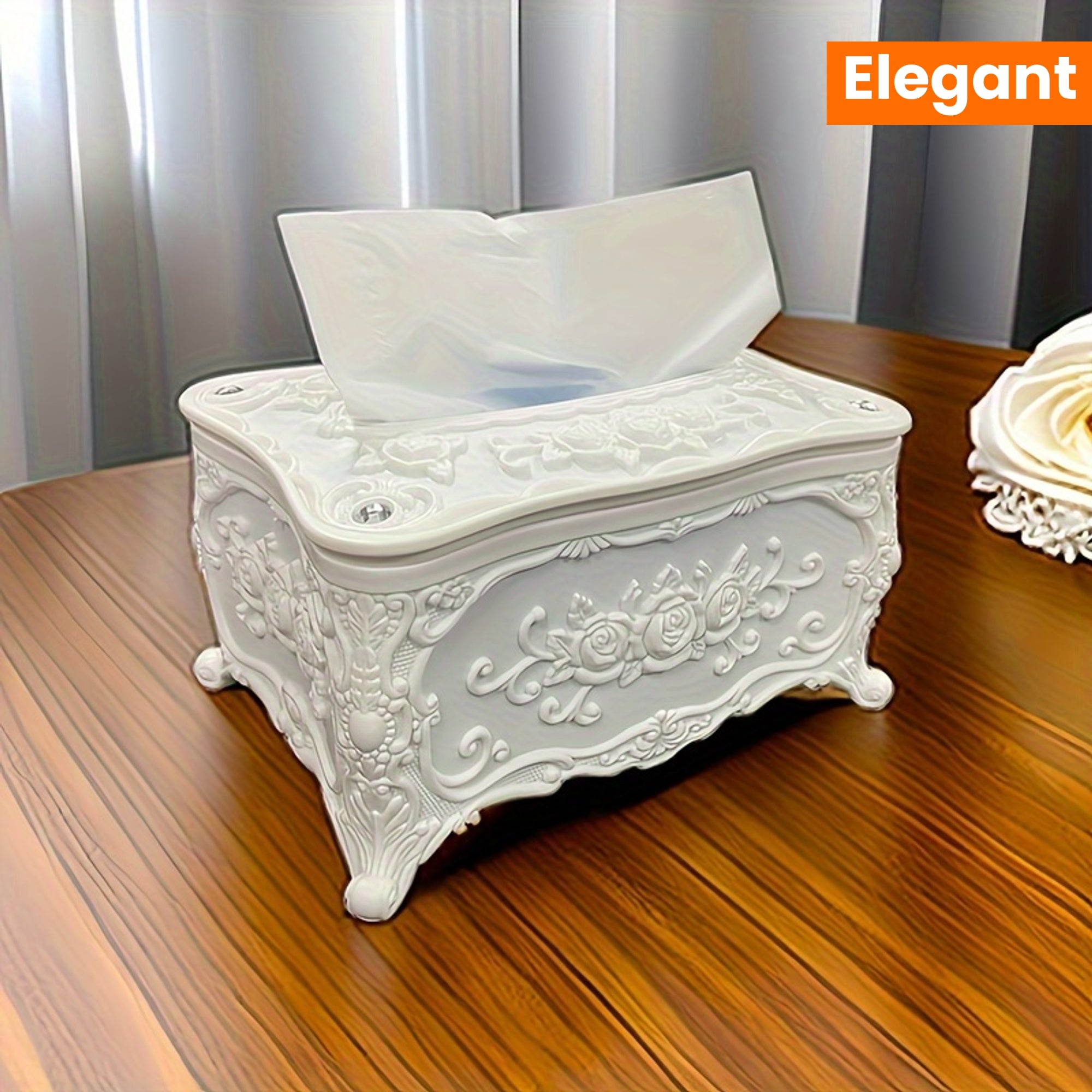 Elegant White Rose Pattern Tissue Box Holder - Square Plastic Napkin Dispenser for Bathroom, Living Room, Vanity & Hotel Use