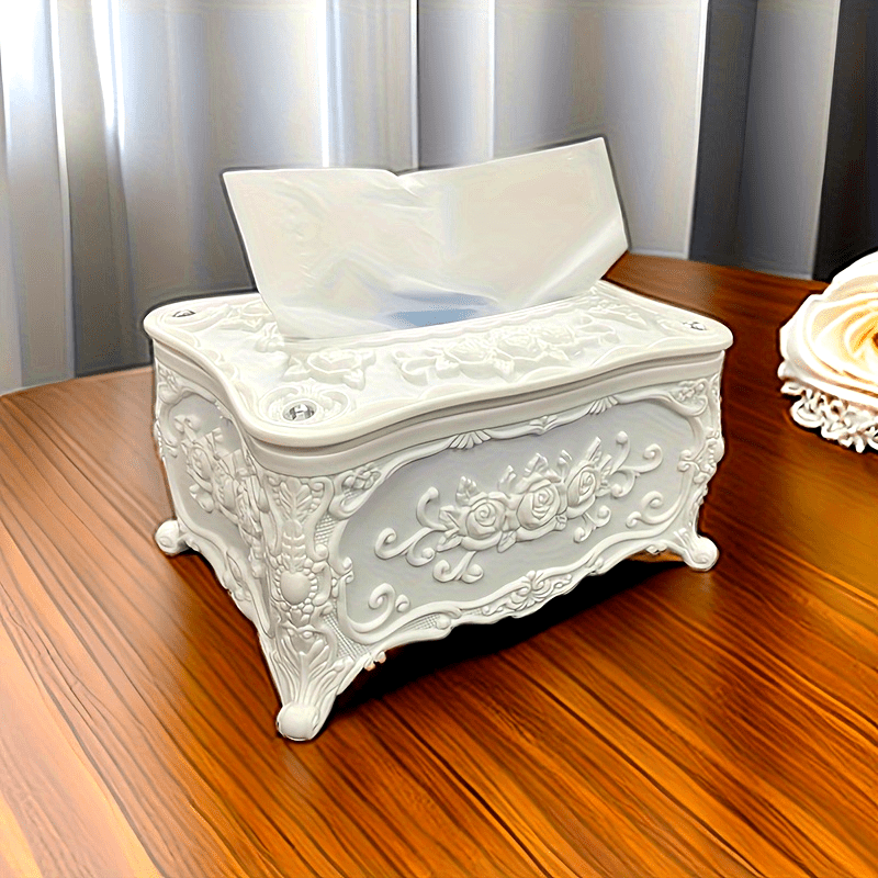 Elegant White Rose Pattern Tissue Box Holder - Square Plastic Napkin Dispenser for Bathroom, Living Room, Vanity & Hotel Use