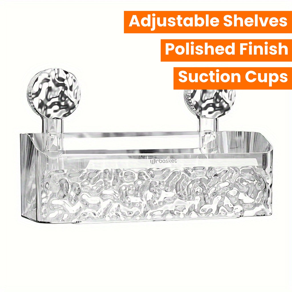 Wall Mount Shower Caddy Organizer with Adjustable Shelves, Polished Finish, Rectangle PET Bathroom Storage Rack for Cosmetics and Toiletries with Suction Cups, Glacier Pattern Design - 1pc