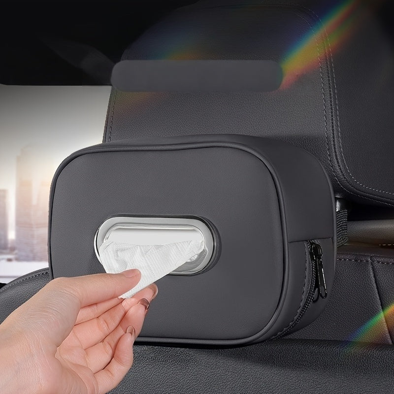 1pc PUPU PU Leather Car Tissue Box Holder, Multi-Functional Storage Organizer for Sun Visor, Seat Back, Armrest - Vehicle Interior Accessory
