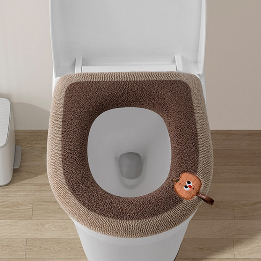 1pc Winter Warm Knitted Toilet Seat Cushion, Thickened Plush Fabric, All-Season, Full Coverage, Machine Washable with Convenient Handle for Home Comfort
