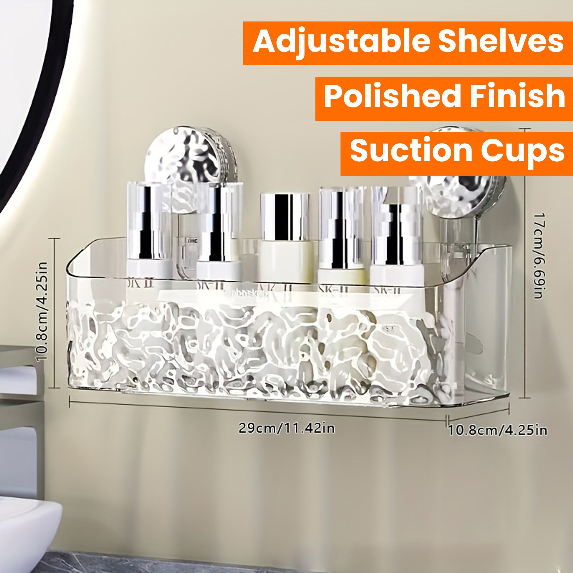 Wall Mount Shower Caddy Organizer with Adjustable Shelves, Polished Finish, Rectangle PET Bathroom Storage Rack for Cosmetics and Toiletries with Suction Cups, Glacier Pattern Design - 1pc