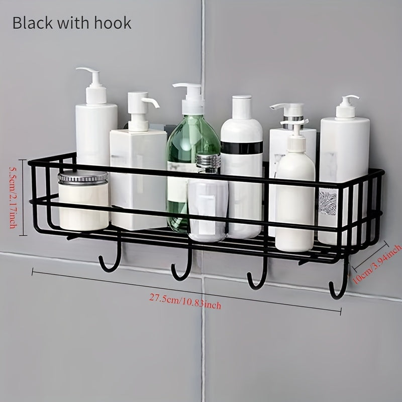 Wrought Iron Bathroom Shelf with Hooks, Wall Hanging Storage Rack, Painted Finish, No Drilling Required, Single Shelf Organizer for Shower Gel and Toiletries