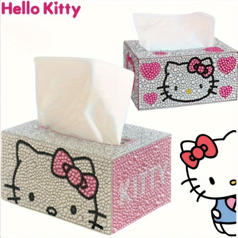 1pc Sanrio Hello Kitty DIY Diamond Painting Tissue Box - Round\u002FSquare Rhinestone Craft Kit, Suitable for Home Decor and Car Storage