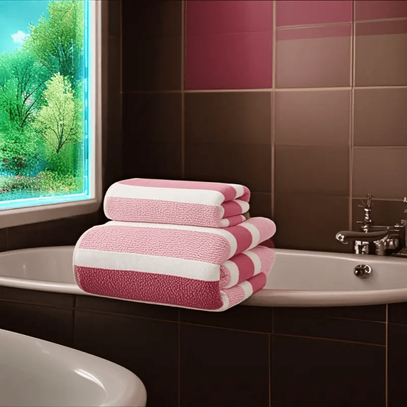 Simple coral velvet stripe towel bath towel set, RV shower supplies, strong water absorption, soft and Light Beige-friendly, no lint