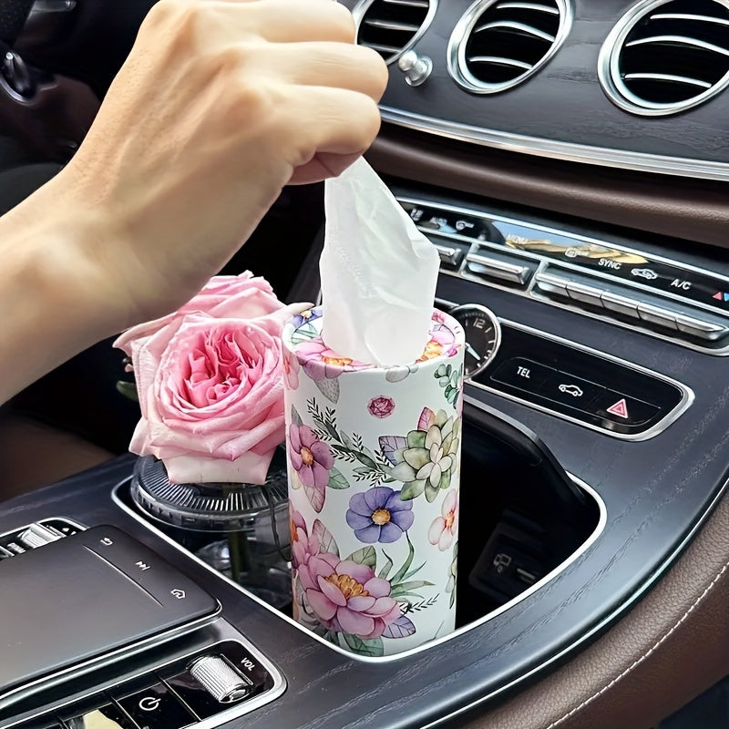 1pc White Flowers Car Tissues Box Holder - Travel Tissue Cylinder for Car Cup Holder and Home Dining Table