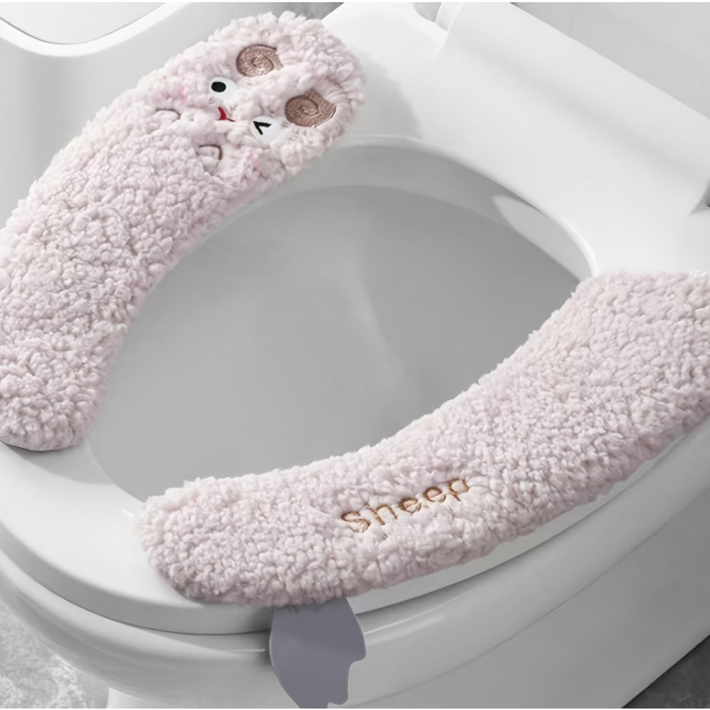 1 Pair of Plush Sheep-Shaped Toilet Seat Covers - Thick, Warm, Aseptic, All-Season Comfort, Soft Polyester, Hand-Washable with Adhesive Backing - Cute Bathroom Accessory